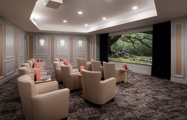 Cozy theater room with chairs and a large screen displaying a nature scene