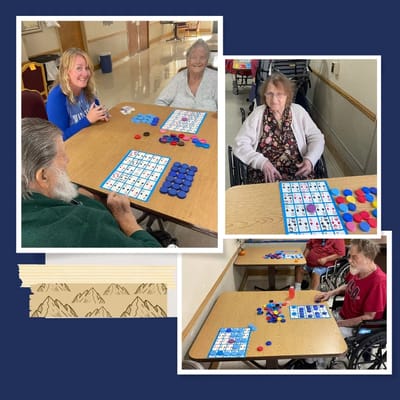 Residents playing bingo in a common area