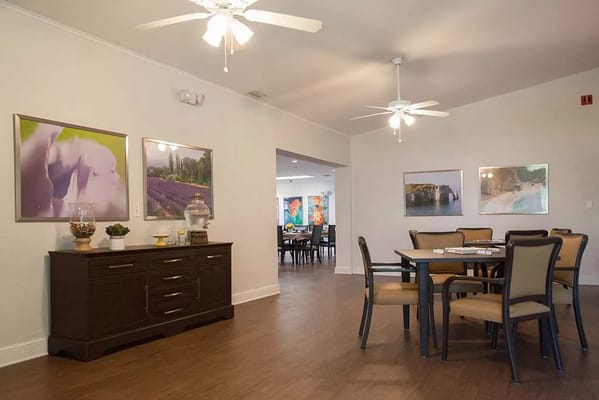 Interior view of a dining area with tables and decor