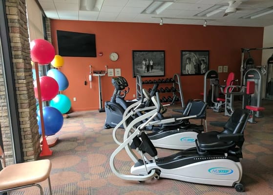 Interior gym area with exercise equipment and fitness balls