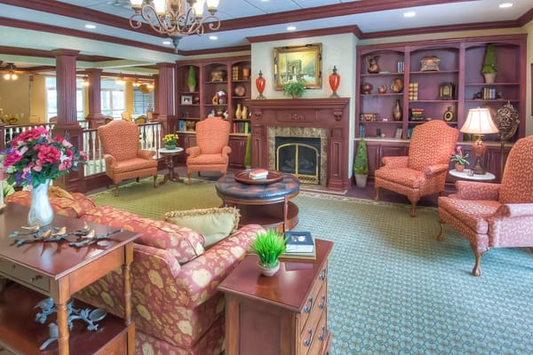 Cozy common area with comfortable seating and fireplace