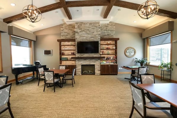 Bright interior common area with seating and decor