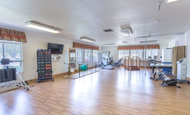 Interior view of a therapy gym with equipment