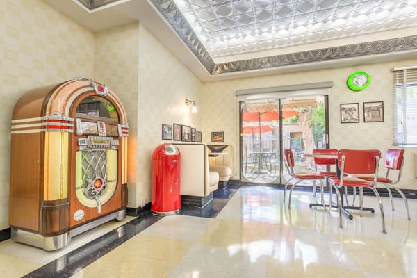 Interior common area with retro decor and seating