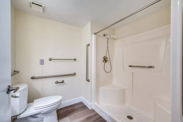 Bathroom with shower, toilet and grab bars