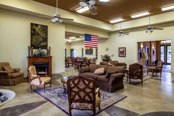 Common area with seating and an American flag