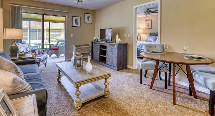 Cozy and well-lit living space in a senior facility