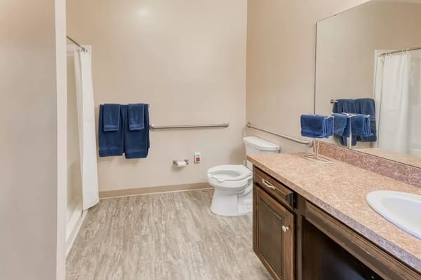 Bathroom with toilet, sink, and shower area