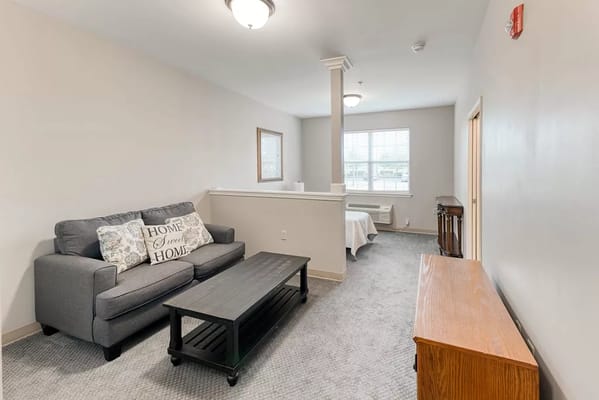 Cozy living room with a gray sofa and coffee table