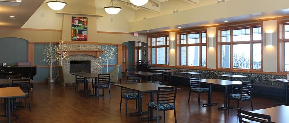 Bright dining room with tables and chairs
