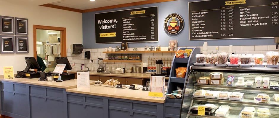 Interior view of a dining area with food options