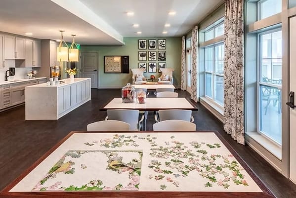 Bright common area with puzzle on a table