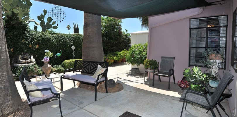 Outdoor seating area with plants and garden view