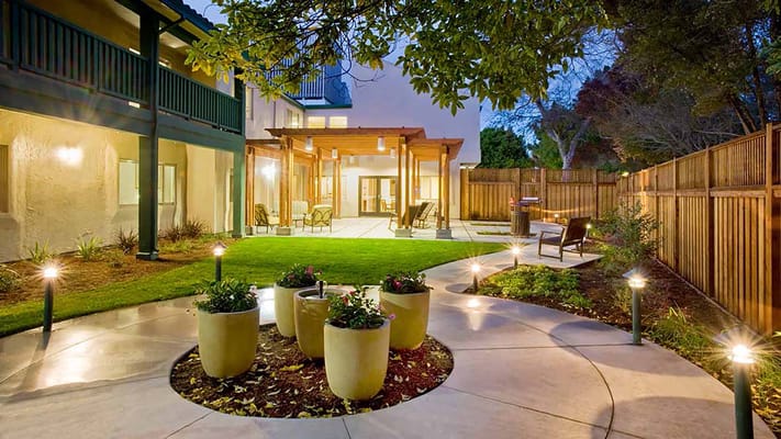 Beautiful landscaped outdoor space with seating areas