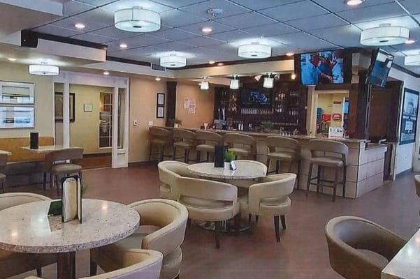 Interior view of a dining area with seating