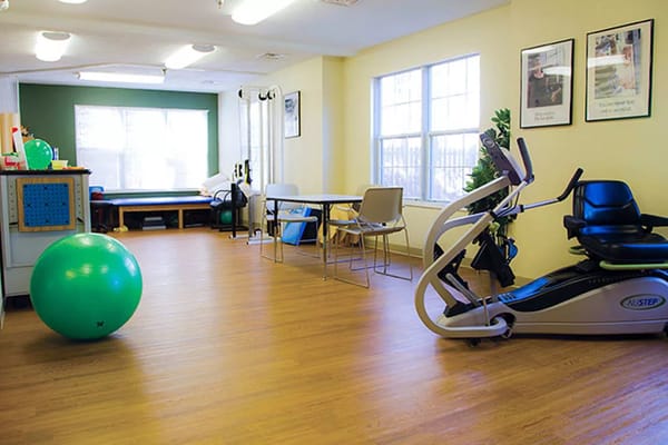 Rehabilitation area with exercise equipment and ball