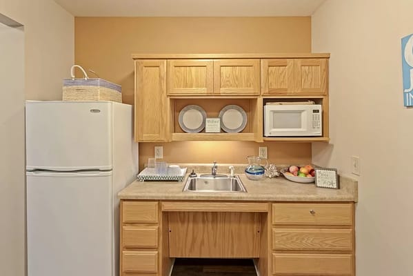 Kitchenette area with fridge and microwave