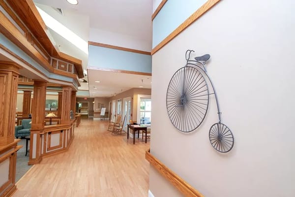 Interior view of a common area with decorative bicycle art