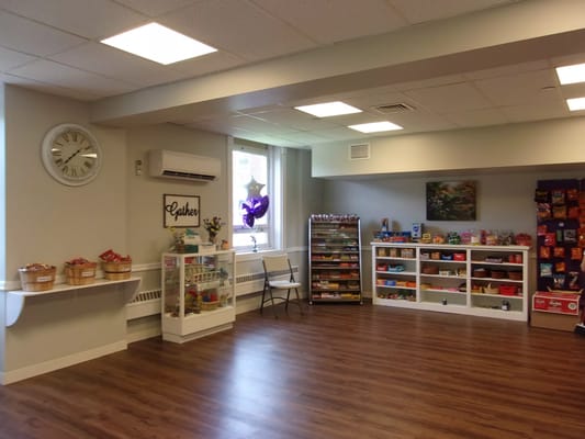 Interior of a common area with snacks and seating