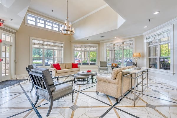 Bright interior common area with comfortable seating