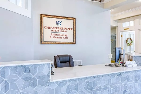 Bright reception area at Chesapeake Place Senior Living