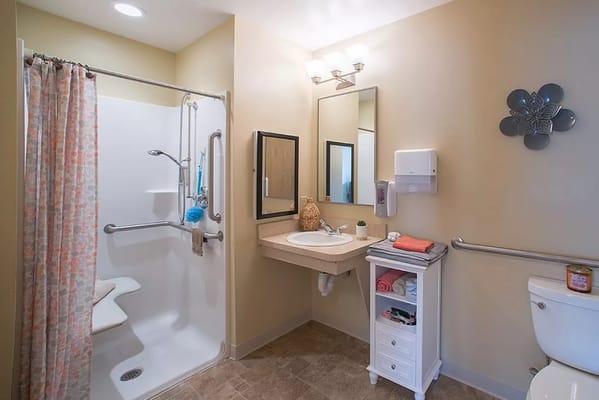 Spacious bathroom with an accessible shower and sink area.