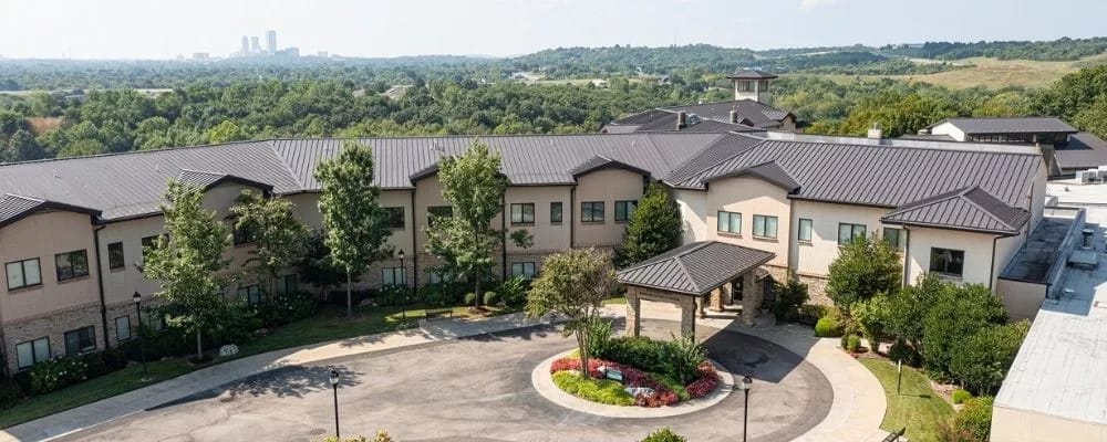 Aerial view of Saint Simeon's Senior Community with surrounding greenery.