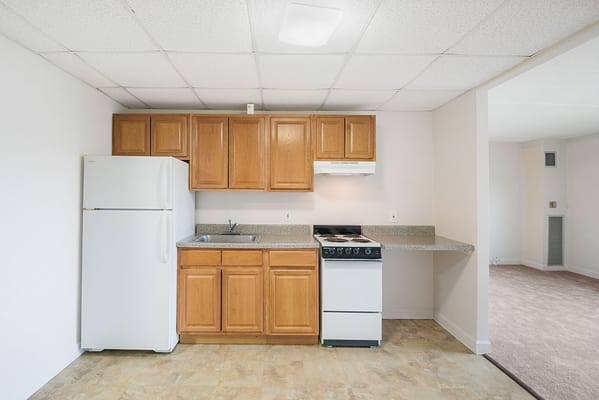 Simple kitchen area with wooden cabinets and appliances