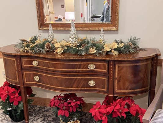 Festively decorated side table in the common area
