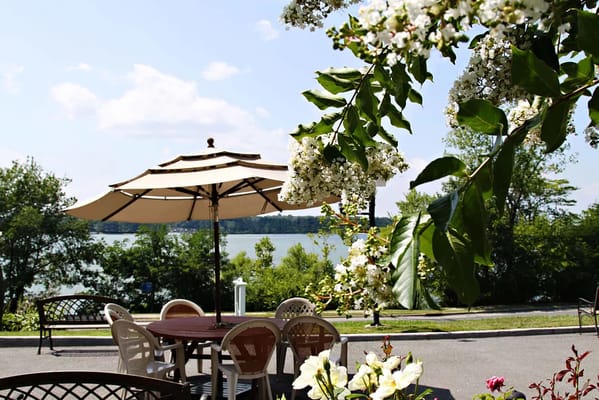 Outdoor seating area by the lakeside