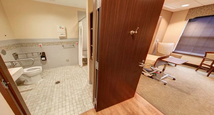 Private resident bathroom with safety features