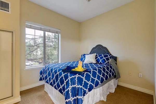 Cozy bedroom with blue bedding and window view