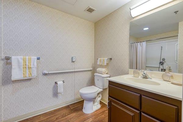 Brightly lit bathroom with accessible features