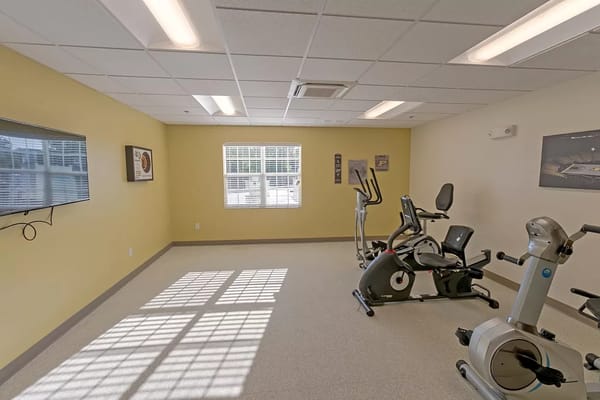 Bright fitness area with exercise equipment