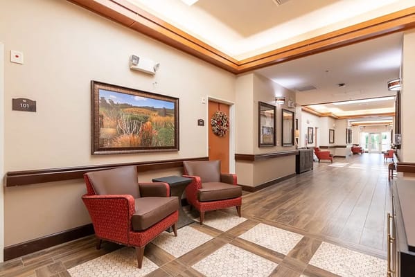Interior hallway with seating and decorations
