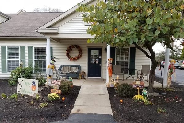 Exterior view of a decorated entrance for Halloween