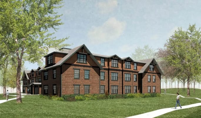 Exterior view of Parkside Village with landscaped grounds