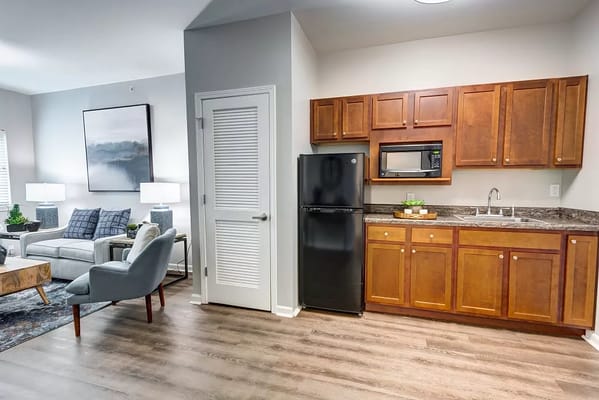 A living area featuring a kitchenette, sofa, and artwork