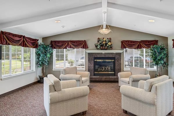 Cozy common area with seating and fireplace