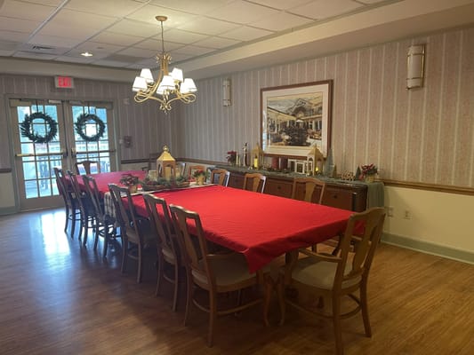 Dining room decorated for a holiday celebration