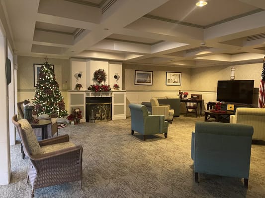 Festively decorated common area with a Christmas tree