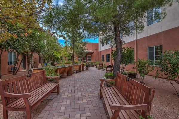 A serene outdoor seating area with benches and gardens
