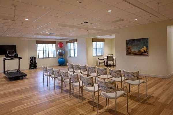 Interior view of an activity room with exercise equipment