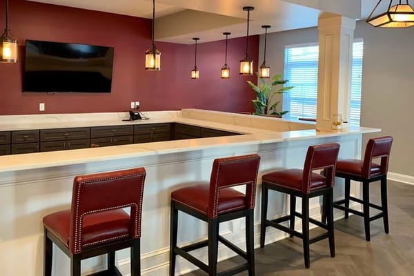 Interior view of a modern common area with seating