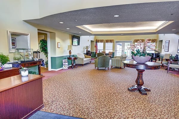 Bright lobby area with seating and decor at Laketown Village