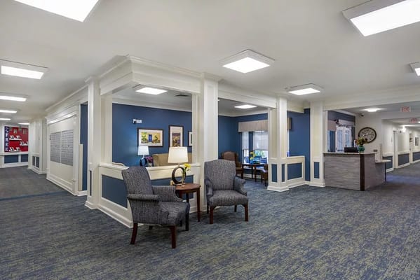 Bright common area with seating and reception