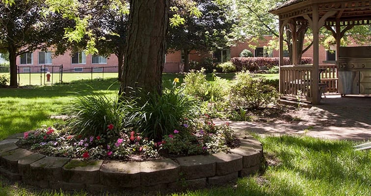 Serene outdoor space with garden and gazebo