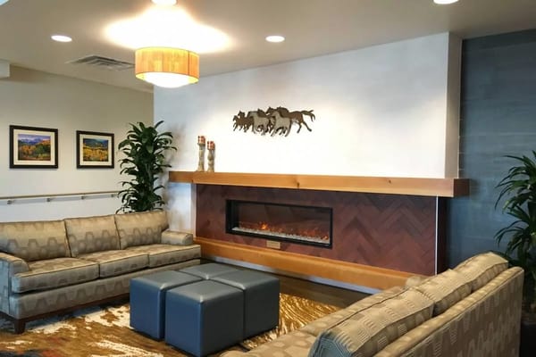 Cozy common area with seating and decorative fireplace