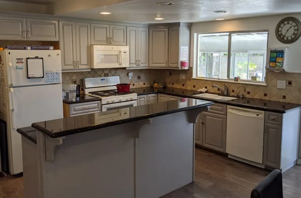 A well-equipped kitchen in a senior living facility