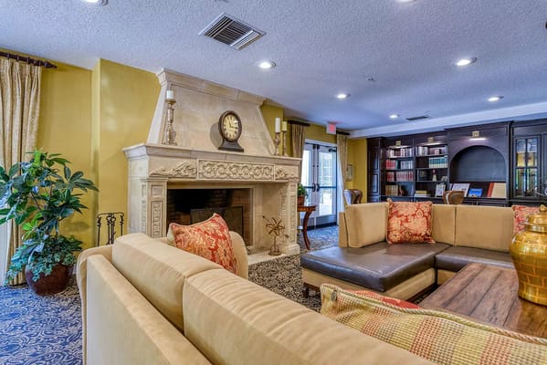Cozy common area with fireplace and seating